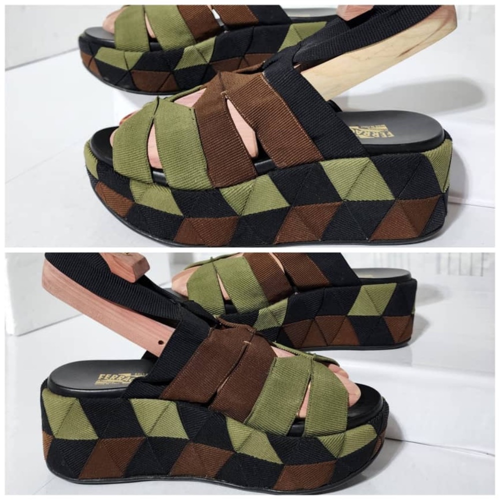 Authentic SALVATORE FERRAGAMO Colorblock Pattern Slingback Sandals Green/Brown - Picture 11 of 13